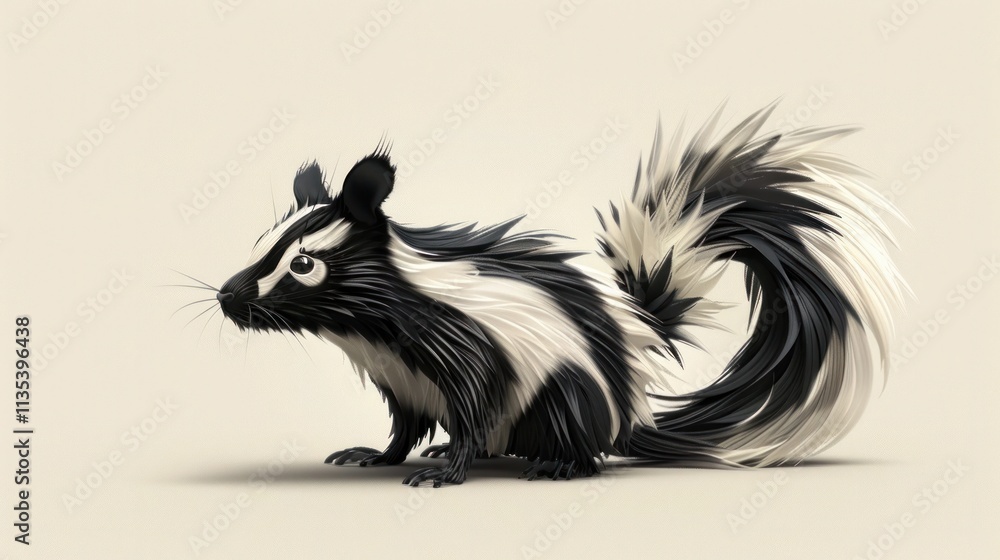 Obraz premium Closeup portrait of a fluffy black and white squirrel perched on a tree branch in a natural woodland environment The small furry mammal is standing and looking directly at the with a cute