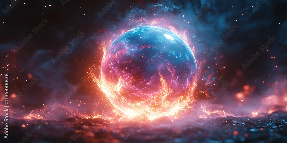 Obraz premium Electric plasma orb blue and pink light rays dark background swirling quantum energy and static discharge