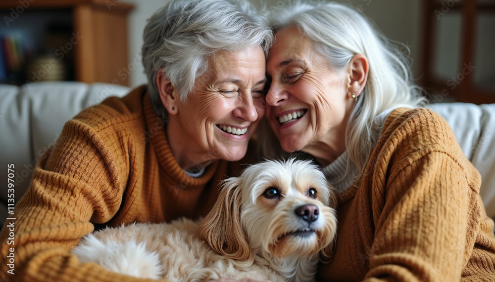 Elderly lesbian couple sitting on sofa smiling with small dog in cozy living room.Love. Acceptance. Togetherness. Cozy moments.diversity, family, holiday cards, social media, campaign, banner, wedding Elderly lesbian couple sitting on sofa smiling with small dog in cozy living room.Love. Acceptance. Togetherness. Cozy moments.diversity, family, holiday cards, social media, campaign, banner, wedding