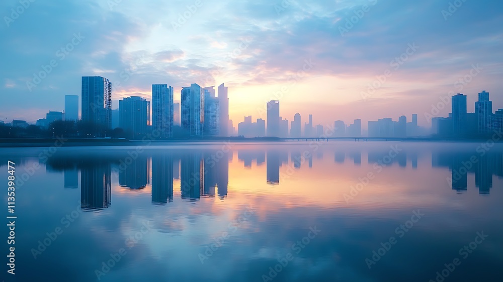 Sunrise over city skyline reflected in calm water. Concept of urban landscape, calm, and peace. Sunrise over city skyline reflected in calm water. Concept of urban landscape, calm, and peace.