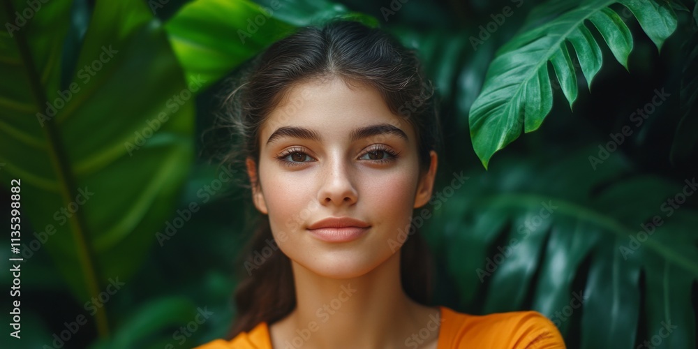 A young woman with serene expression stands against lush green leaves. Her orange outfit contrasts beautifully with the vibrant nature around her, showcasing natural beauty and tranquility. AI A young woman with serene expression stands against lush green leaves. Her orange outfit contrasts beautifully with the vibrant nature around her, showcasing natural beauty and tranquility. AI
