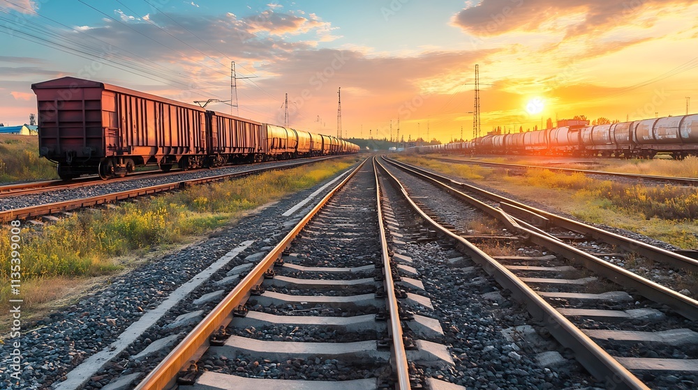 Freight train tracks at sunset. Concept of transportation, logistics, and industry. Freight train tracks at sunset. Concept of transportation, logistics, and industry.