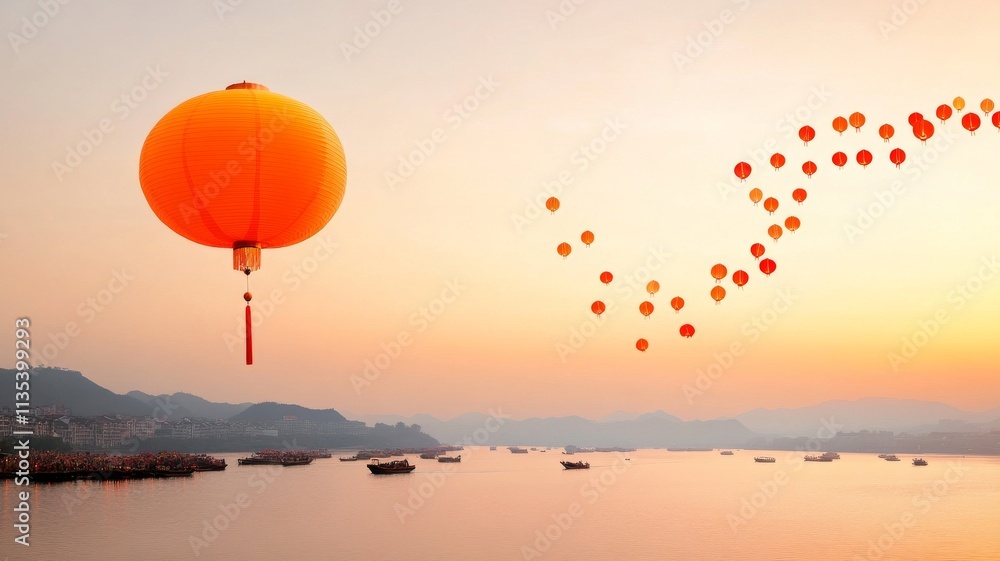 A large Chinese dragon hovering above a river, its reflection shimmering in the water A large Chinese dragon hovering above a river, its reflection shimmering in the water