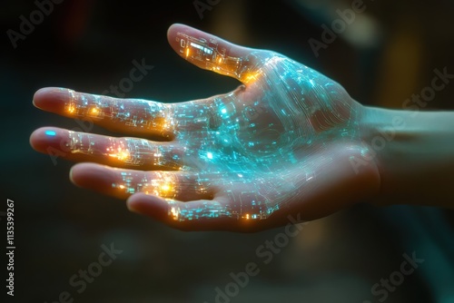 Hand with glowing technological interface showcasing advanced integration of technology