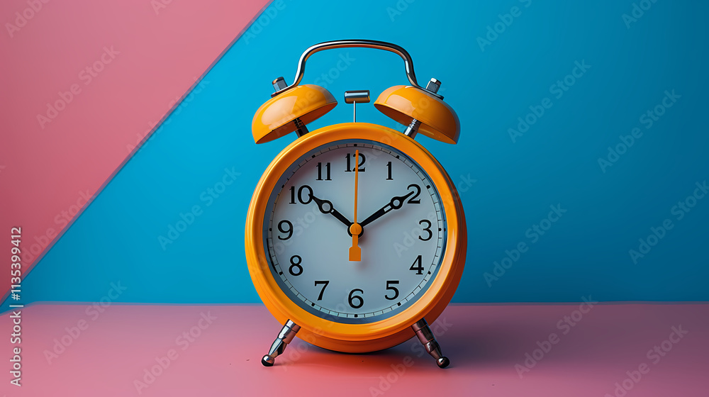 Time to Rise: A classic yellow alarm clock rests on a vibrant pink and blue background, its hands poised at 7:00, the perfect visual reminder to seize the day. Time to Rise: A classic yellow alarm clock rests on a vibrant pink and blue background, its hands poised at 7:00, the perfect visual reminder to seize the day.