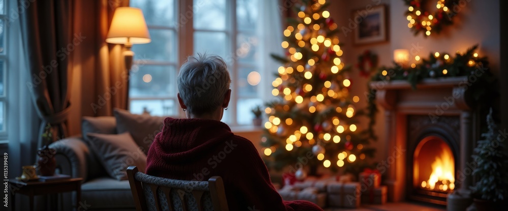 Elderly Woman in Cozy Living Room Looking at Christmas Tree. Holiday Atmosphere.Loneliness and Reflection. Finding Comfort in Holiday Traditions.Invitations, Holiday Marketing, Web Design, Christmas Elderly Woman in Cozy Living Room Looking at Christmas Tree. Holiday Atmosphere.Loneliness and Reflection. Finding Comfort in Holiday Traditions.Invitations, Holiday Marketing, Web Design, Christmas