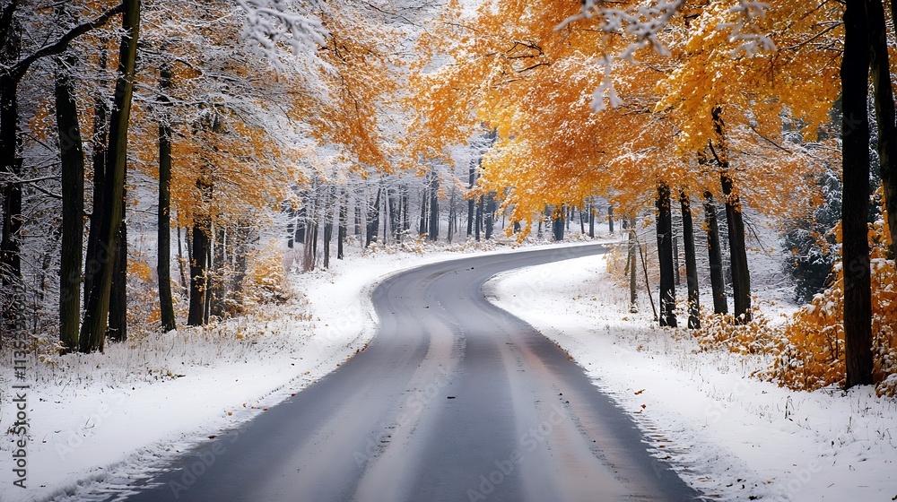 Snowy Winter Road Winding Through Golden Trees. Scenic Autumn Winter Landscape. Snowy Winter Road Winding Through Golden Trees. Scenic Autumn Winter Landscape.