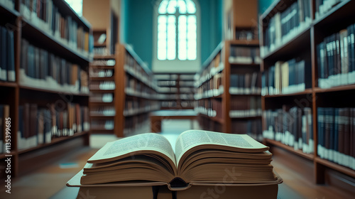 An open book in a library, stacked with old textbooks, surrounded by shelves of literature in an academic setting. photo