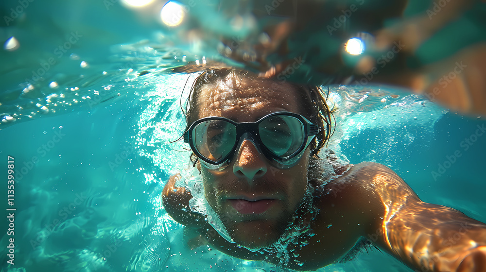 Naklejka premium Underwater Dive: A man with goggles swims beneath the crystal-clear turquoise water, his face half-submerged as sunlight creates a dazzling display of refracted light.