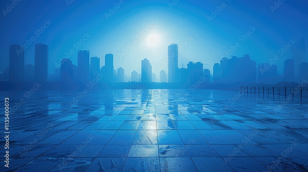 A misty cityscape at dawn, reflecting blue tones on wet surfaces. A misty cityscape at dawn, reflecting blue tones on wet surfaces.