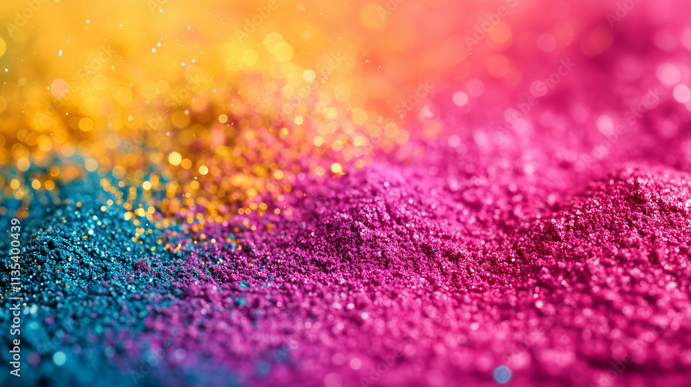 Glittering colorful powder particles representing Holi festival in vivid pink, yellow, and blue shades Glittering colorful powder particles representing Holi festival in vivid pink, yellow, and blue shades