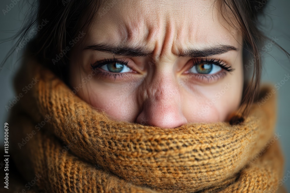Woman with wet eyes and runny nose wrapped in a warm scarf during winter Woman with wet eyes and runny nose wrapped in a warm scarf during winter
