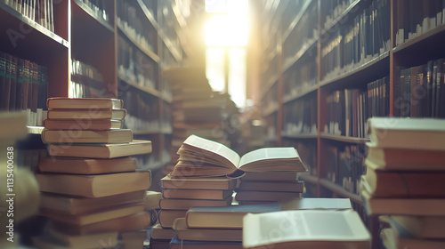 An open book in a library, stacked with old textbooks, surrounded by shelves of literature in an academic setting. photo