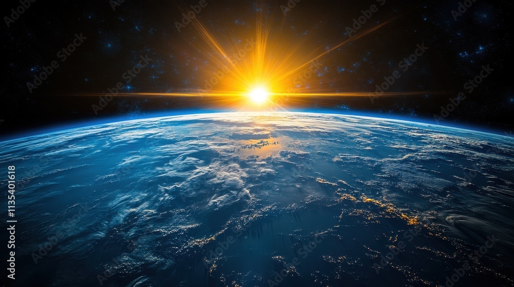 Earth with a sunrise glowing in cinematic blue light Earth with a sunrise glowing in cinematic blue light