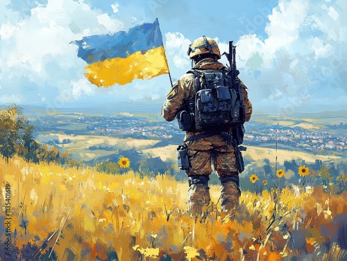 Ukrainian soldier proudly holds flag amidst serene landscape, embodying strength and hope