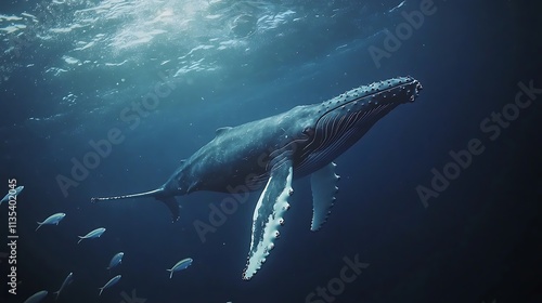 A majestic humpback whale swimming serenely in deep ocean blue, surrounded by small fish.