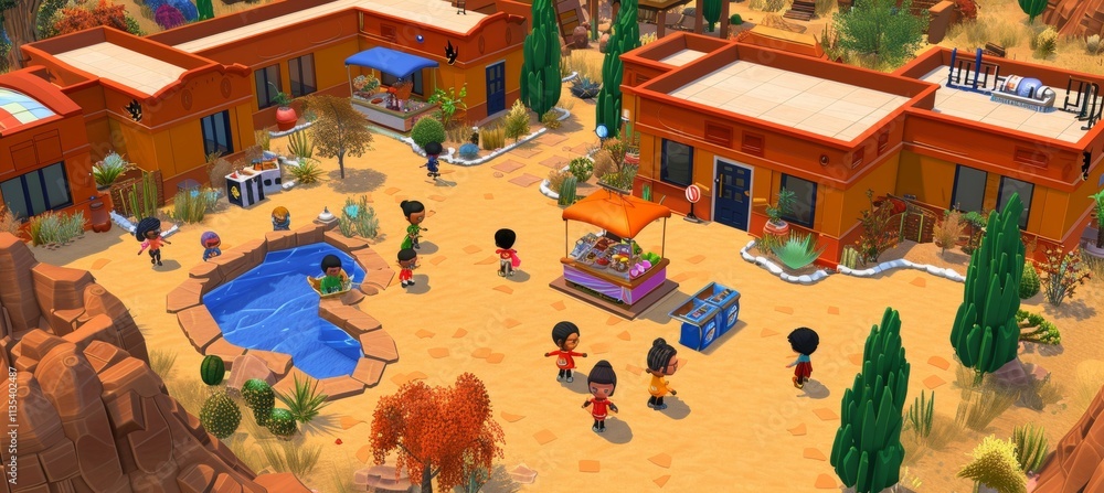 Obraz premium Digital Illustration of Community Gathering In Lively Desert Oases with People and Recreation
