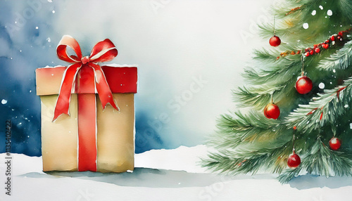 Wallpaper Mural Watercolor illustration of a Merry Christmas card of a gift box with pine tree on a vintage winter landscape background with copy space for text. Christmas invitation card or letter Torontodigital.ca