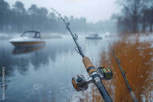 Morning fog blankets the lake with fishing rods poised for action
