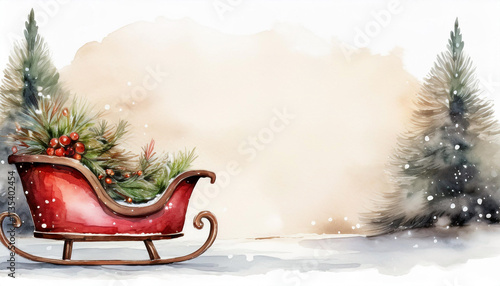 Watercolor illustration of a Merry Christmas card of a Santa's sleigh with ornaments and vintage painting background with a pine tree with copy space for text. Christmas invitation card or letter