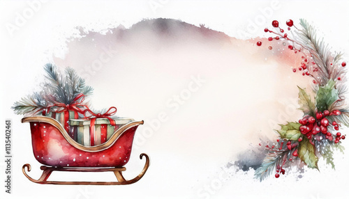 Watercolor illustration of a Merry Christmas card of a Santa's sleigh with ornaments and vintage painting background with holly leaves with copy space for text. Christmas invitation card or letter