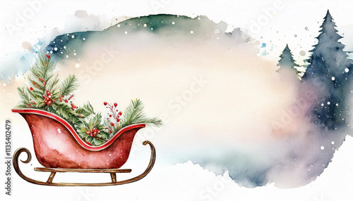 Watercolor illustration of a Merry Christmas card of a Santa's sleigh with ornaments and vintage painting background with copy space for text. Christmas invitation card or letter