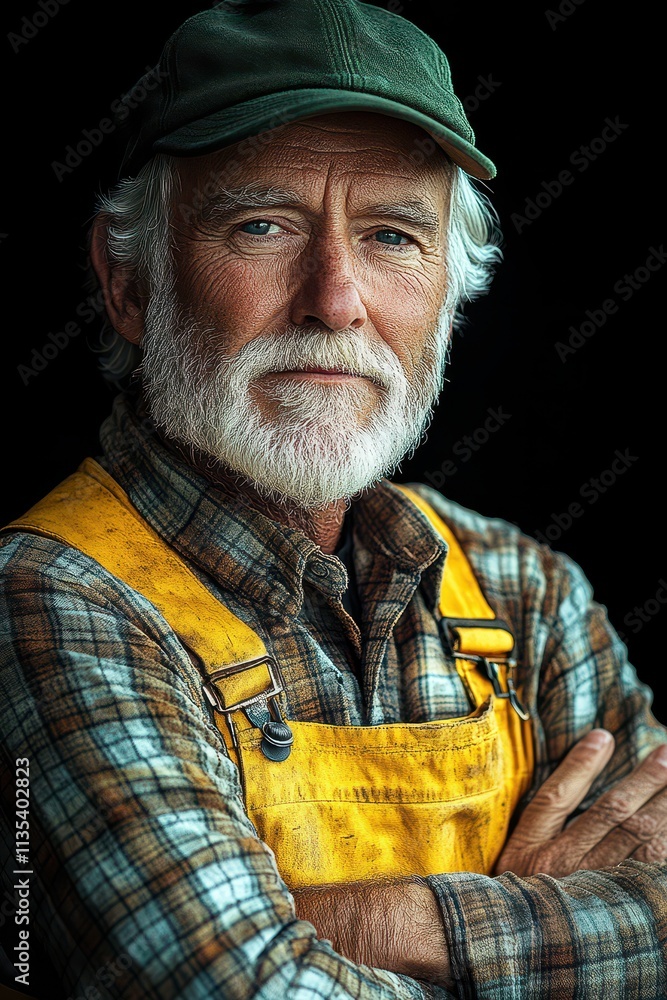 Fototapeta premium Friendly fisherman with white hair and beard poses confidently in yellow overalls
