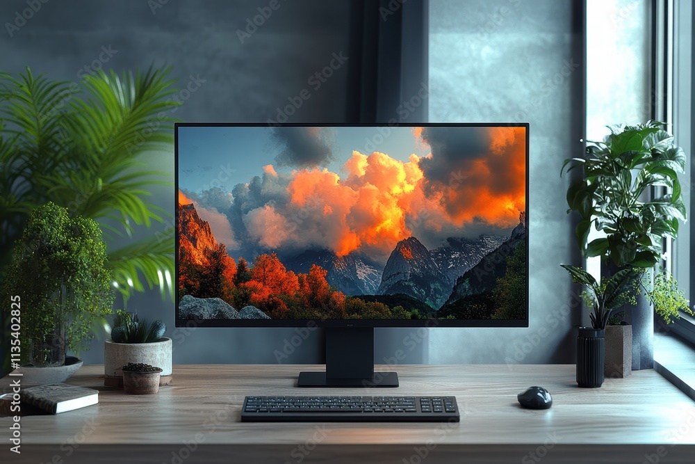 Fototapeta premium Elegant workspace featuring a modern monitor displaying a vibrant mountain landscape at sunset