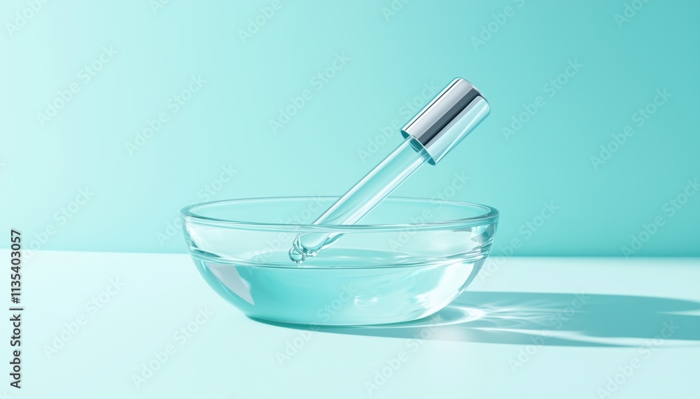 Clear Dropper Showcasing Liquid Inside A Glass Dish On A Soft Blue Background, Perfect For Depicting Skincare, Beauty, Or Scientific Research. Clear Dropper Showcasing Liquid Inside A Glass Dish On A Soft Blue Background, Perfect For Depicting Skincare, Beauty, Or Scientific Research.