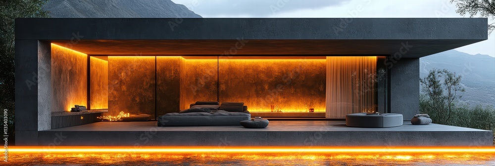 Modern architectural design featuring smooth matte surfaces and built-in LED lighting for ambiance Modern architectural design featuring smooth matte surfaces and built-in LED lighting for ambiance