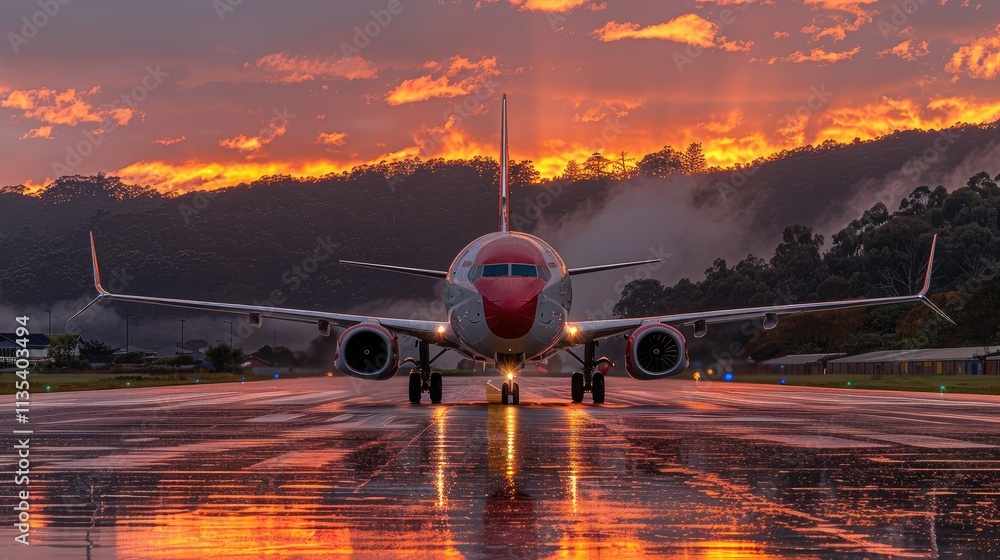 A plane on a runway at sunset, reflecting colorful skies on wet pavement. A plane on a runway at sunset, reflecting colorful skies on wet pavement.
