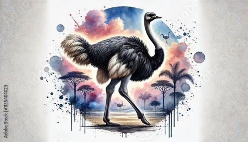 ostrich, bird, standing pose, animal in watercolor painting, alcohol ink, photo