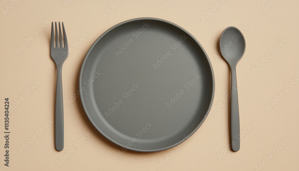 A Minimalistic Display Of An Empty Gray Plate With Fork And Spoon On A Neutral Beige Tabletop Surface. A Minimalistic Display Of An Empty Gray Plate With Fork And Spoon On A Neutral Beige Tabletop Surface.