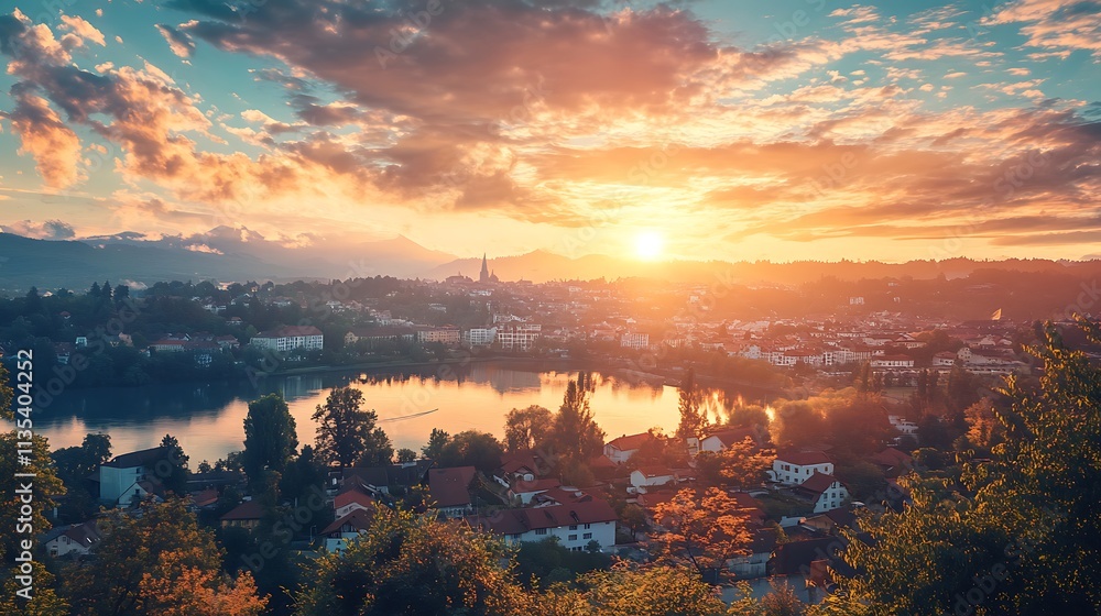 Sunset over a European city and lake. Scenic view of a charming town. Sunset over a European city and lake. Scenic view of a charming town.