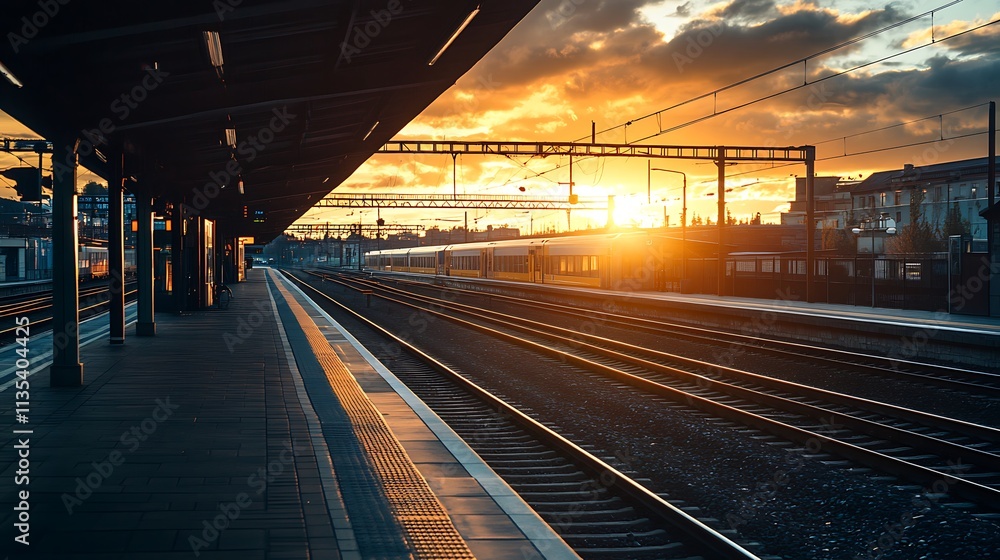 Train station platform at sunset. Concept of travel, transportation, and journey. Train station platform at sunset. Concept of travel, transportation, and journey.