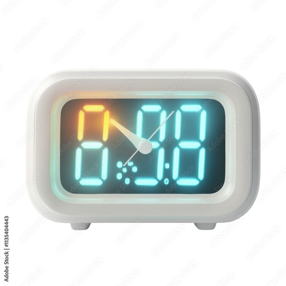 a compact digital alarm clock with a soft glow display and a sleek white body, isolated on transparent background png