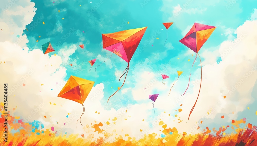 Colorful Poster Celebrating Indian Festival: Makar Sankranti With Kites Soaring In Cloudy Sky. Abstract Design For Festive Celebration. Colorful Poster Celebrating Indian Festival: Makar Sankranti With Kites Soaring In Cloudy Sky. Abstract Design For Festive Celebration.