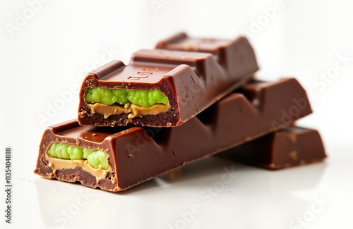 Closeup view of Dubai chocolate bar. Chocolate bar broken in two pieces revealing layer of green kadayif, peanut butter in middle. Background plain white. Decadent dessert piece ideal for delicious