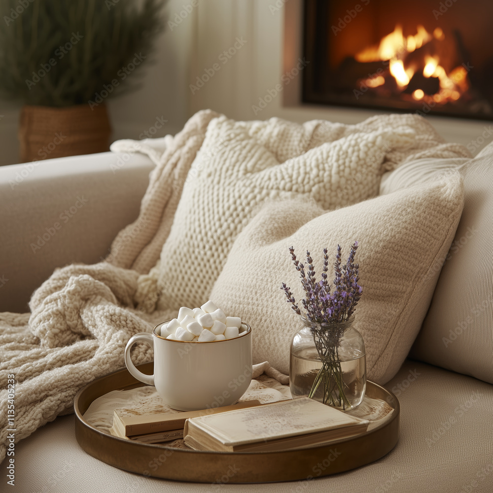 Cozy living room scene with hot cocoa and lavender by the fireplace
Cozy living room scene with hot cocoa and lavender by the fireplace