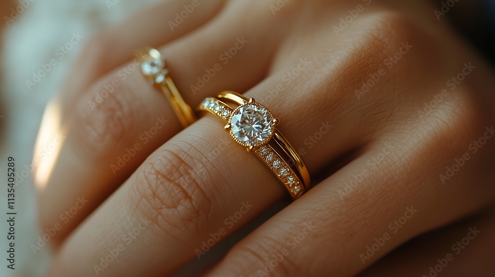 Elegant engagement ring and wedding band on a hand Elegant engagement ring and wedding band on a hand