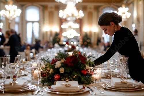 This image showcases an elegantly set Christmas dinner table adorned with beautiful floral arrangements, sparkling glassware, and festive candles ready for celebration. photo