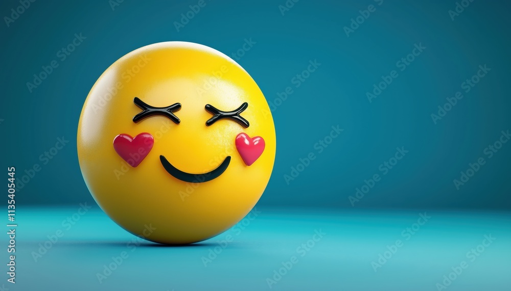 Fototapeta premium Realistic Yellow Glossy Smile Emoji Pack 28: Emotions Face Shows Dissatisfaction With Tears, Symbol Over Mouth, Heart Eyes Signify Love.