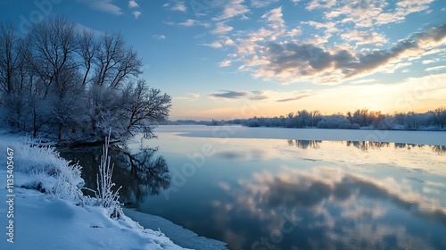 Winter Sunrise over Frozen River. Peaceful Winter Landscape.