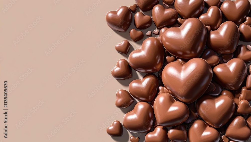 Fototapeta premium Beige Valentine's day 2026 background with volumetric brown chocolate hearts, with space for text, mocha mousse style