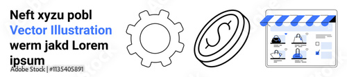Gear icon, currency coin symbol, and e-commerce website with product listings. Ideal for online business setup, e-commerce tutorials, financial services, web development, marketing strategies, online
