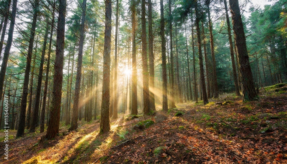 Obraz premium Golden Sun Rays Breaking Through Dense Pine Forest on a Crisp Autumn Morning