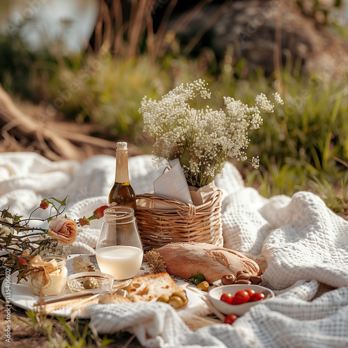 Healthy minimalist chic picnic on the grass in white tones with boho chic and cottagecore style photo