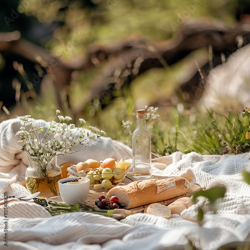 Healthy minimalist chic picnic on the grass in white tones with boho chic and cottagecore style photo