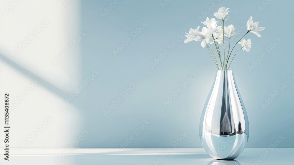 Elegant minimalist design with chrome vase and white flowers for interior decor Elegant minimalist design with chrome vase and white flowers for interior decor
