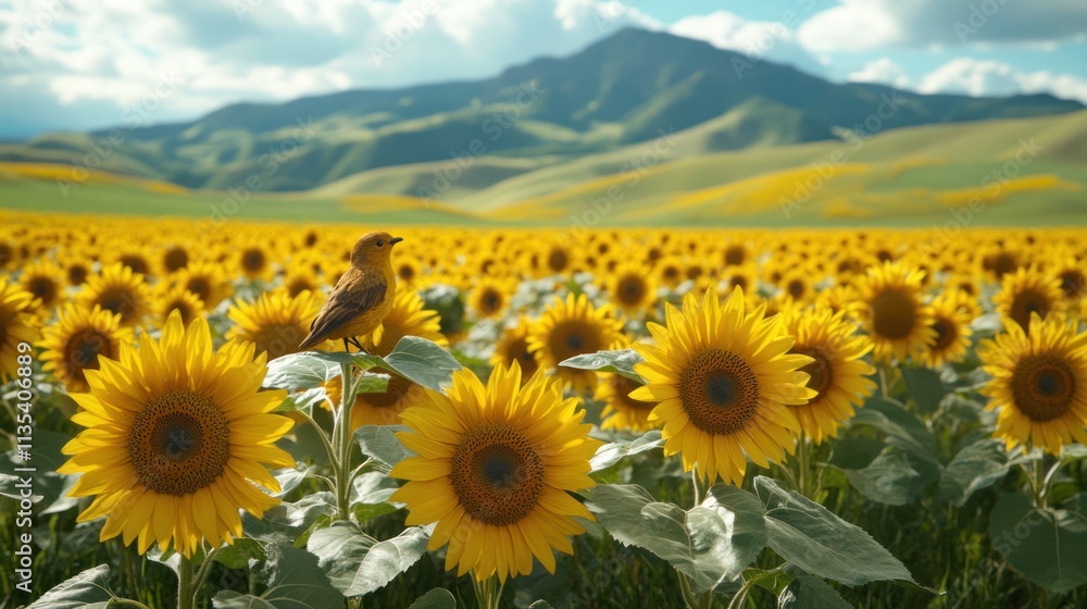 Fototapeta premium A small, yellow bird perched on a sunflower in a vast sunflower field, with rolling hills and mountains in the background.